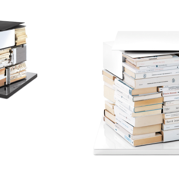 Ptolomeo x4 Short vertical 360° revolving bookcase by Opinion Ciatti in matte black lacquered steel with stainless steel base, featuring three shelves and a compact design, displayed in Royal Oak, Michigan showroom.