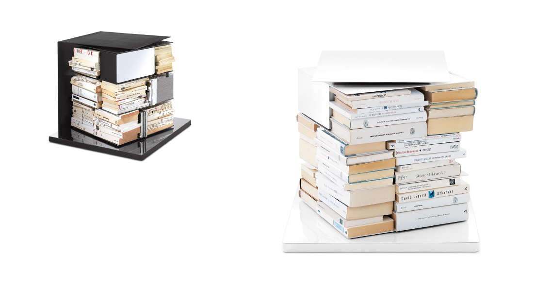 Ptolomeo x4 Short vertical 360° revolving bookcase by Opinion Ciatti in matte black lacquered steel with stainless steel base, featuring three shelves and a compact design, displayed in Royal Oak, Michigan showroom.
