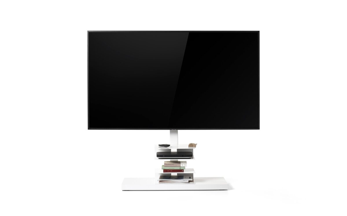 Ptolomeo TV Smart by Opinion Ciatti in matte black steel with pivoting wheels and steel shelves, supporting TVs from 43 to 82 inches, displayed in Royal Oak, Michigan showroom.