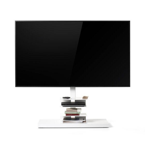 Ptolomeo TV Smart by Opinion Ciatti in matte black steel with pivoting wheels and steel shelves, supporting TVs from 43 to 82 inches, displayed in Royal Oak, Michigan showroom.