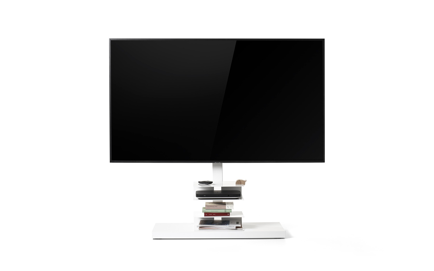 Ptolomeo TV Smart by Opinion Ciatti in matte black steel with pivoting wheels and steel shelves, supporting TVs from 43 to 82 inches, displayed in Royal Oak, Michigan showroom.