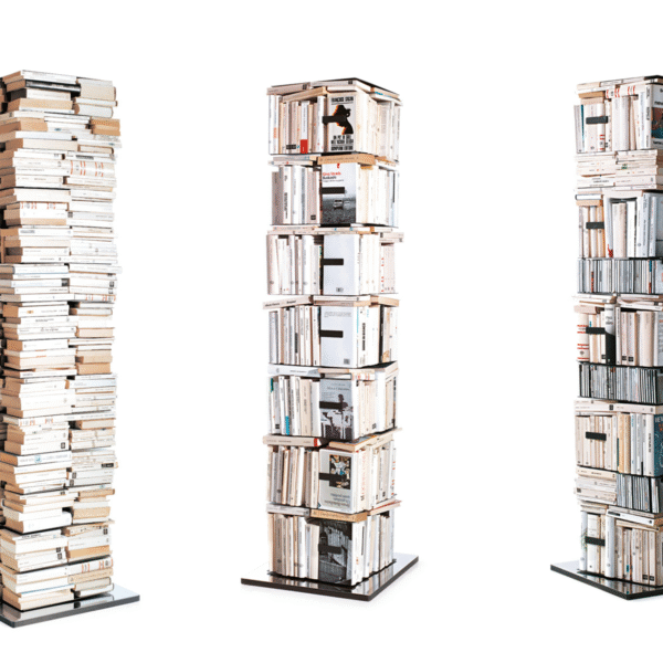 Ptolomeo X4 vertical bookcase by Opinion Ciatti in glossy white finish, featuring 14 square shelves arranged around a central column, displayed in Royal Oak, Michigan showroom.
