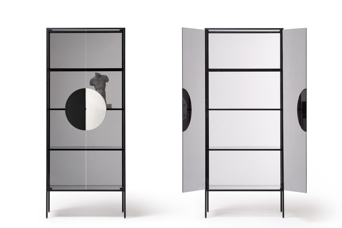 Yang display cabinet by Opinion Ciatti in burnished brass with 24K gold handle and transparent glass, showcased in Royal Oak, Michigan.