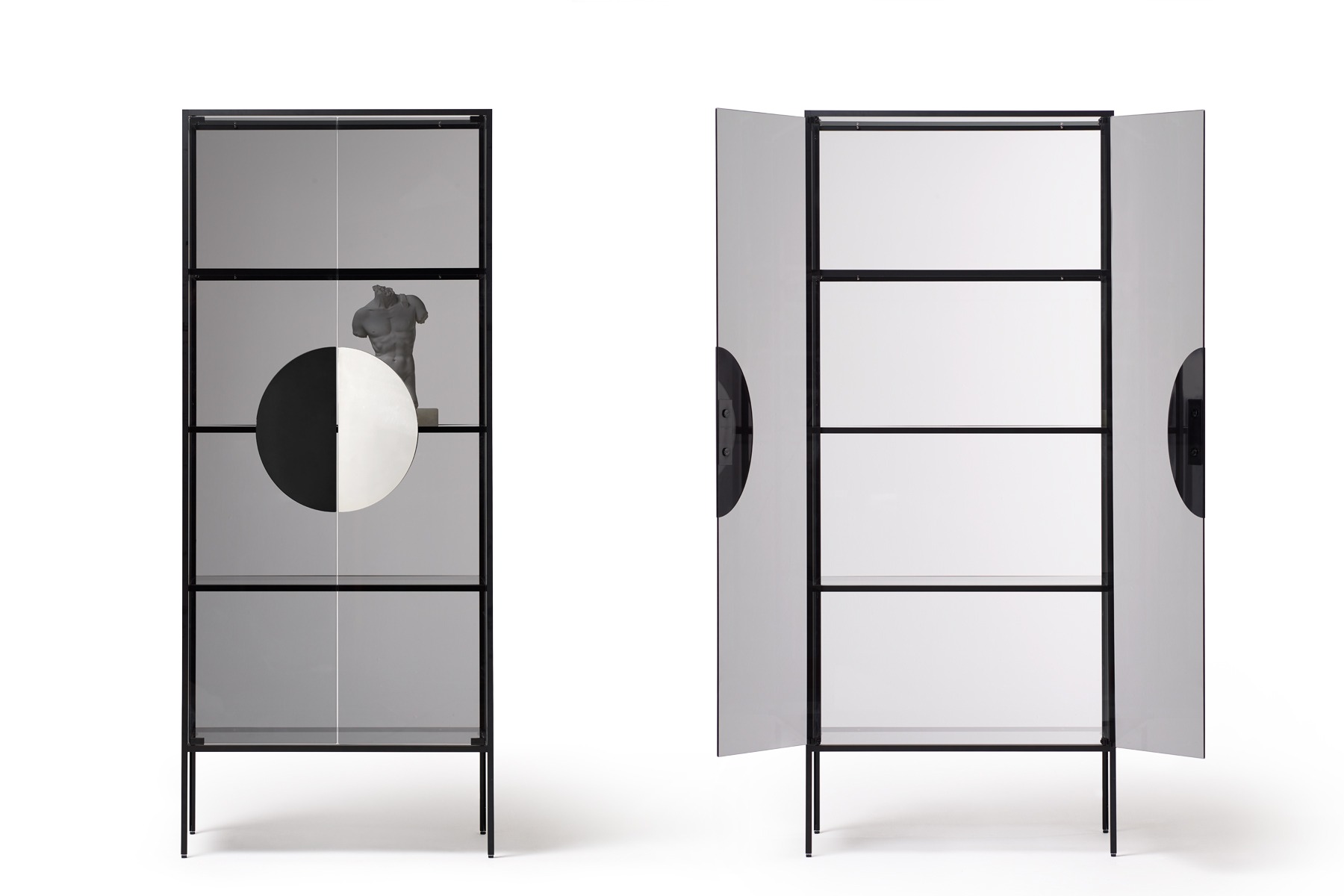 Yang display cabinet by Opinion Ciatti in burnished brass with 24K gold handle and transparent glass, showcased in Royal Oak, Michigan.