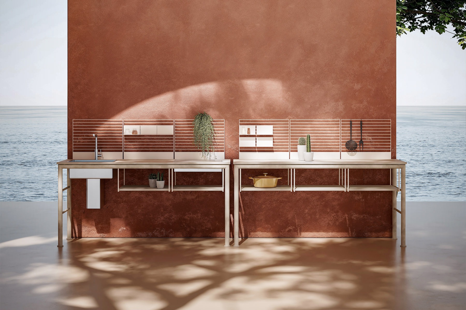 Axis modular kitchen by Opinion Ciatti in satin stainless steel with Corkcrete finish, featuring eco-friendly surfaces and adjustable components, showcased in Royal Oak, Michigan.