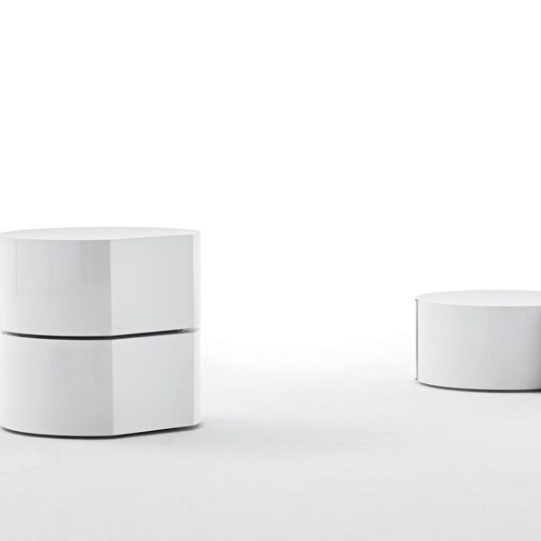 Bon.Bon modular container by Opinion Ciatti in white lacquered metal, featuring a push-to-open drawer and stackable design, displayed in Royal Oak, Michigan showroom.