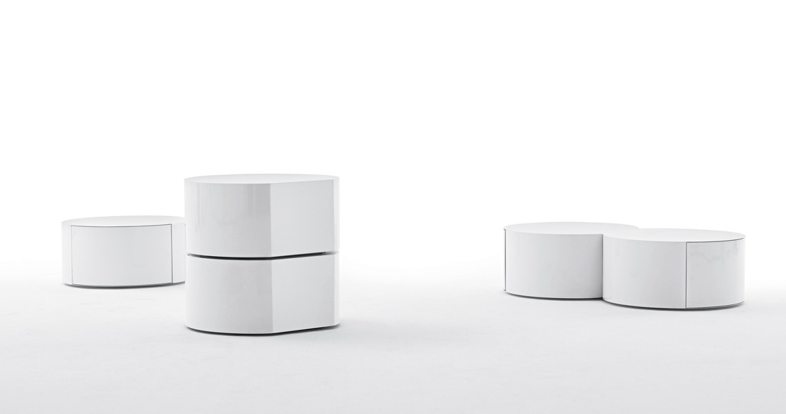 Bon.Bon modular container by Opinion Ciatti in white lacquered metal, featuring a push-to-open drawer and stackable design, displayed in Royal Oak, Michigan showroom.
