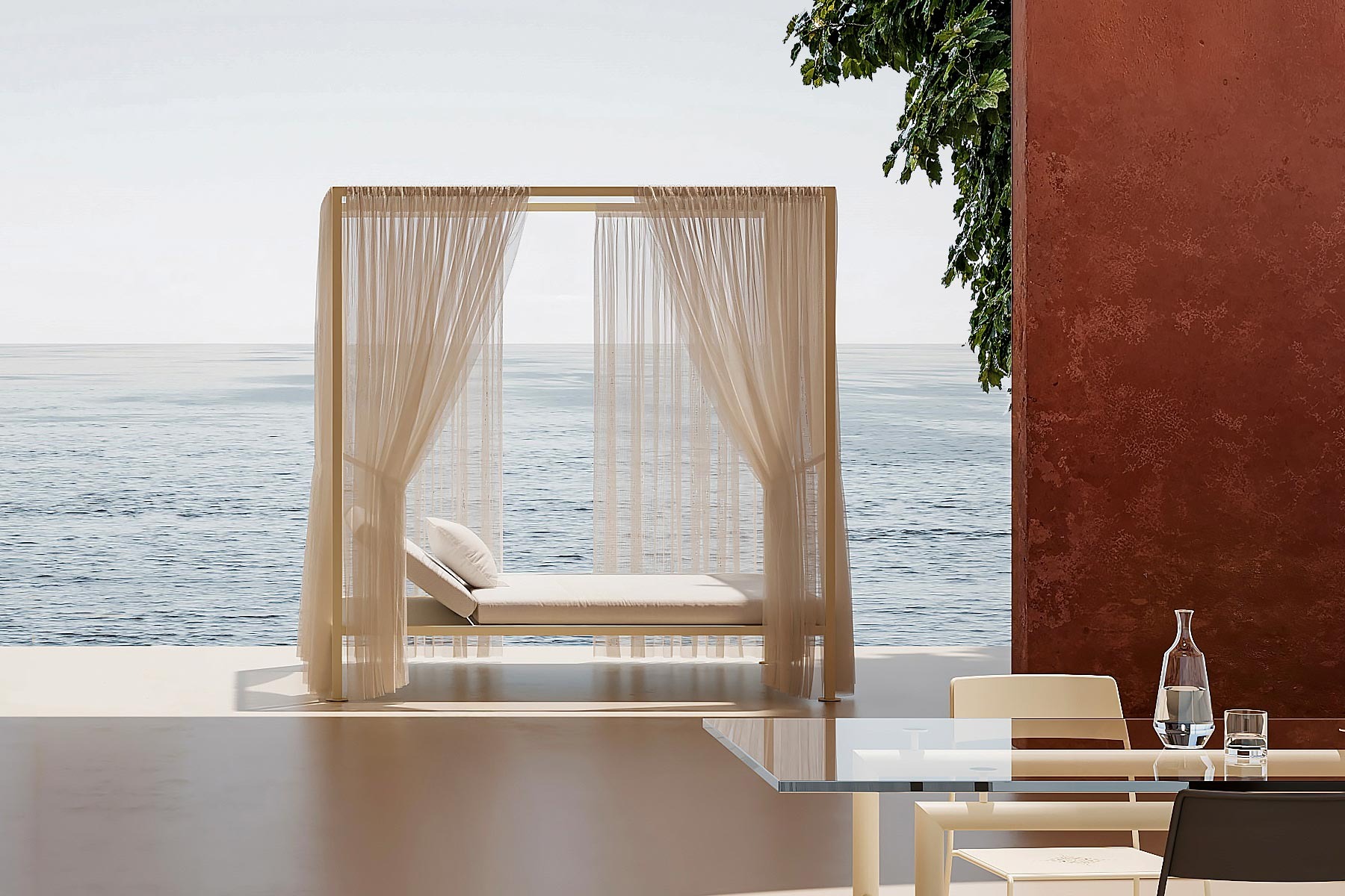 ILletto Outdoor canopy garden bed by Opinion Ciatti in beige Corkcrete finish with sheer white curtains, displayed in Royal Oak, Michigan.