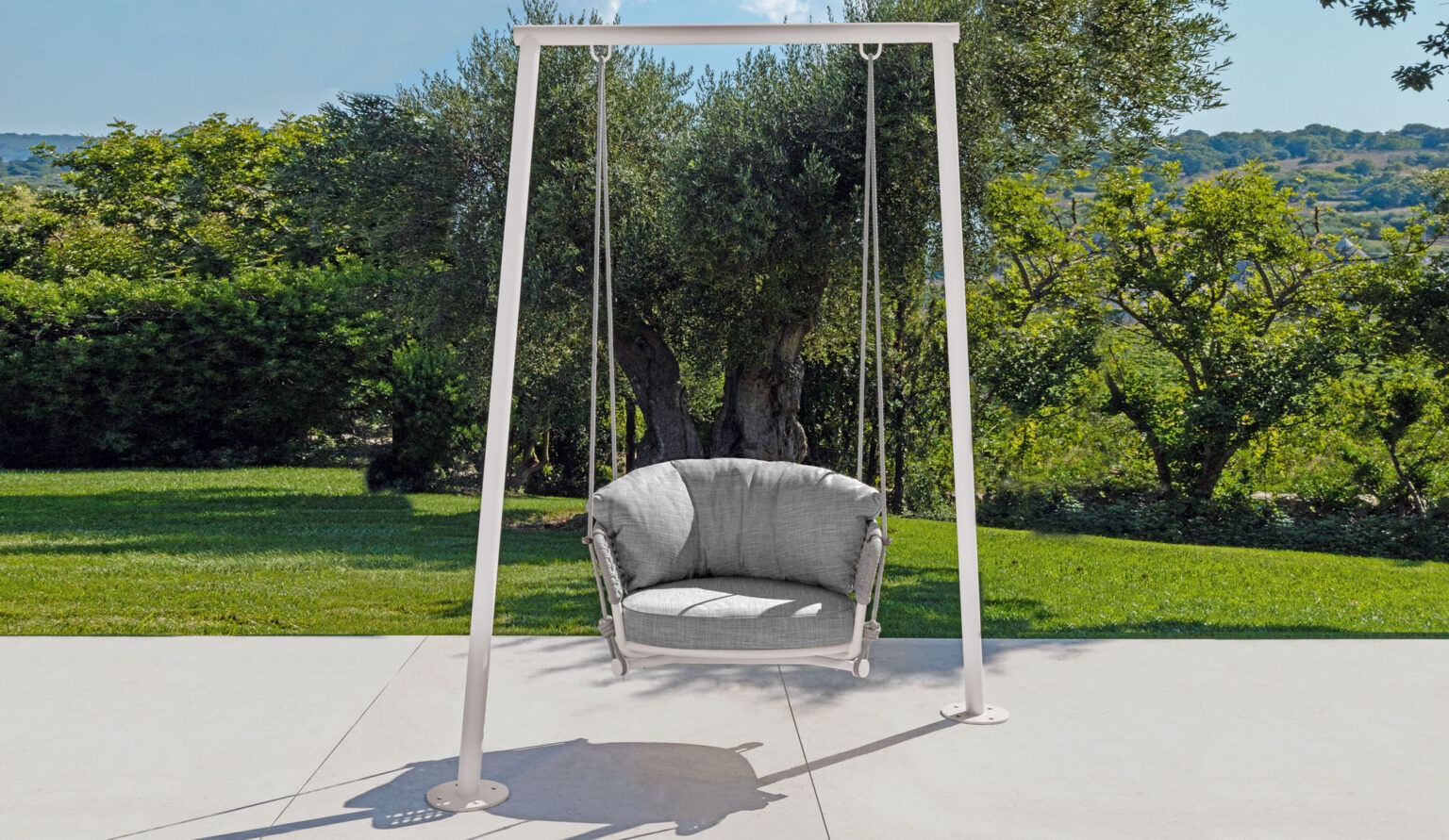 Moon Alu Swing Armchair by Talenti – luxury Italian hanging chair with aluminum frame and cushioned comfort