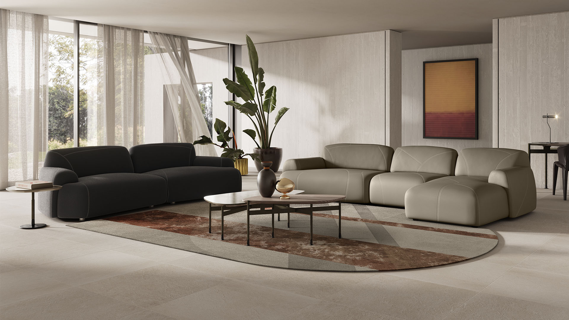 Buddy modular sofa by Natuzzi Italia in soft beige fabric, featuring overlapping geometric shapes and low-profile design, displayed in Royal Oak, Michigan showroom.