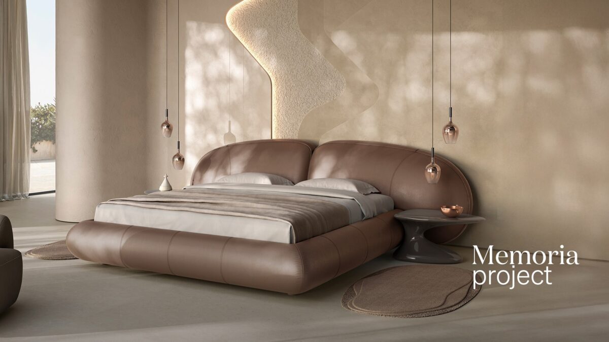 Modern Italian Memoria sophisticated fabric bed by Natuzzi, high-end luxury inviting bedroom piece for Birmingham, Michigan.