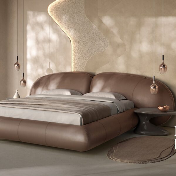 Modern Italian Memoria sophisticated fabric bed by Natuzzi, high-end luxury inviting bedroom piece for Birmingham, Michigan.