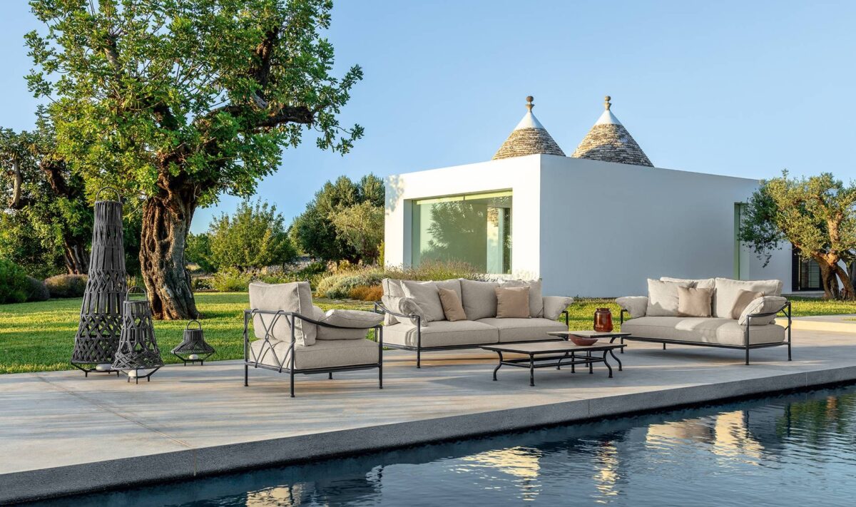 Capri Sofa 2 Seater by Talenti, ideal for contemporary patios and terraces with its minimalist style and plush cushions.
