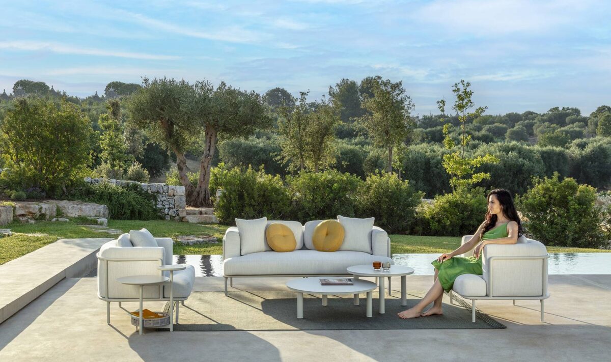 Contemporary Lisa Living Armchair by Talenti – designer outdoor seating in a Birmingham, Michigan backyard