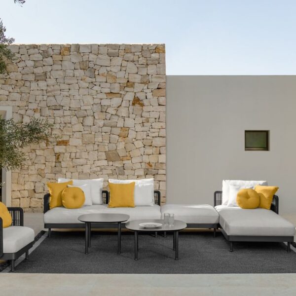 Slam//Rope Sofa by Talenti, featuring a sleek aluminum frame with a woven synthetic rope backrest for a contemporary outdoor seating option.