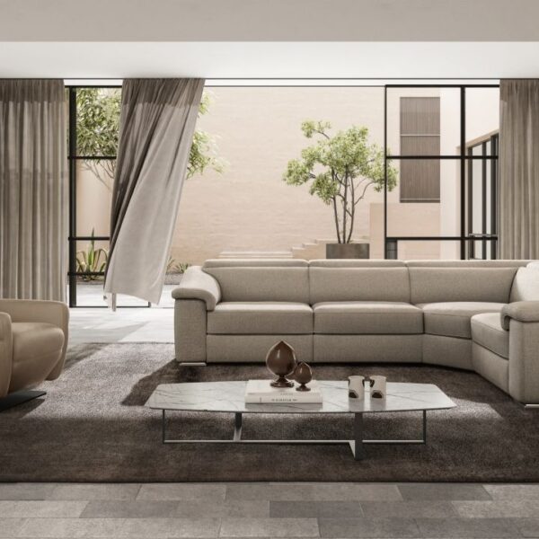 Brick sofa by Natuzzi Italia with leather upholstery and reclining headrests, displayed in Royal Oak, Michigan.