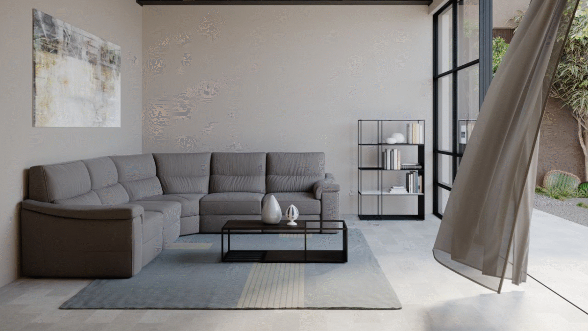 Rock sectional sofa by Natuzzi Italia in Le Mans Light Grey leather with electric triple-motion recliners and USB ports, displayed in Royal Oak, Michigan.