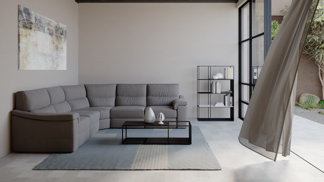 Rock sectional sofa by Natuzzi Italia in Le Mans Light Grey leather with electric triple-motion recliners and USB ports, displayed in Royal Oak, Michigan.