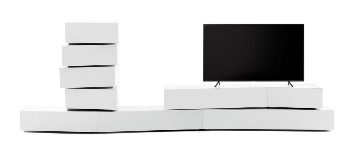 5blocks modular storage unit by Opinion Ciatti in matte white, featuring stackable, interlocking blocks with drawers and flap compartments, displayed in Royal Oak, Michigan showroom.