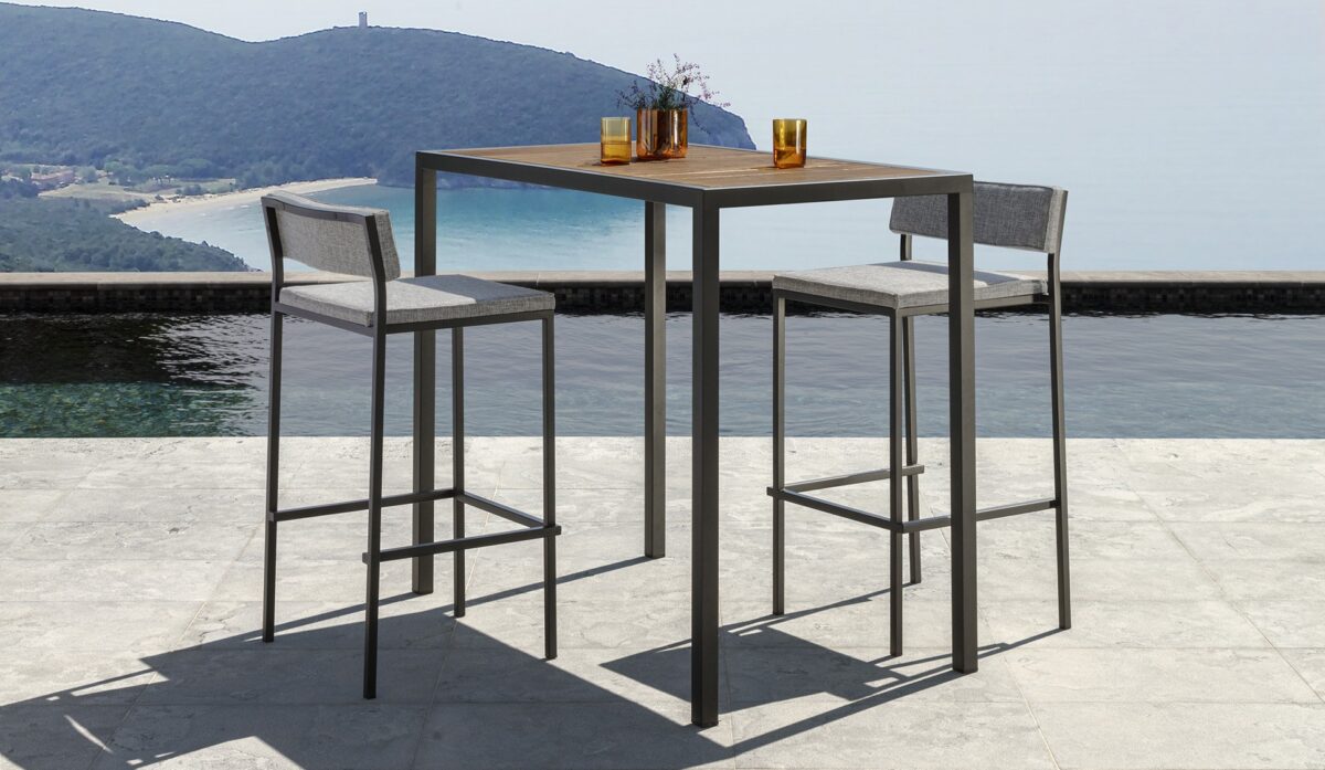 Casilda Bar Stool by Talenti – elegant outdoor stool with minimalist frame and refined sling seat