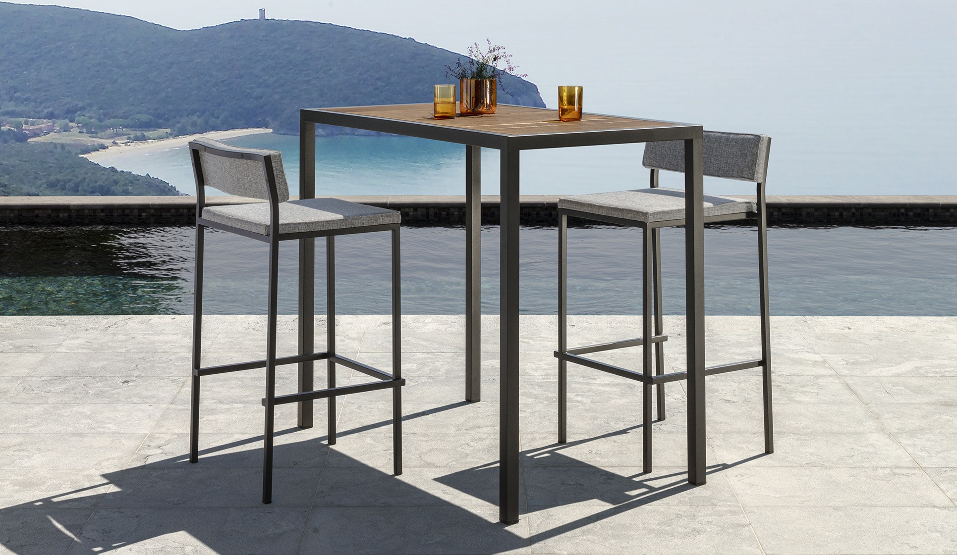 Casilda Bar Stool by Talenti – elegant outdoor stool with minimalist frame and refined sling seat