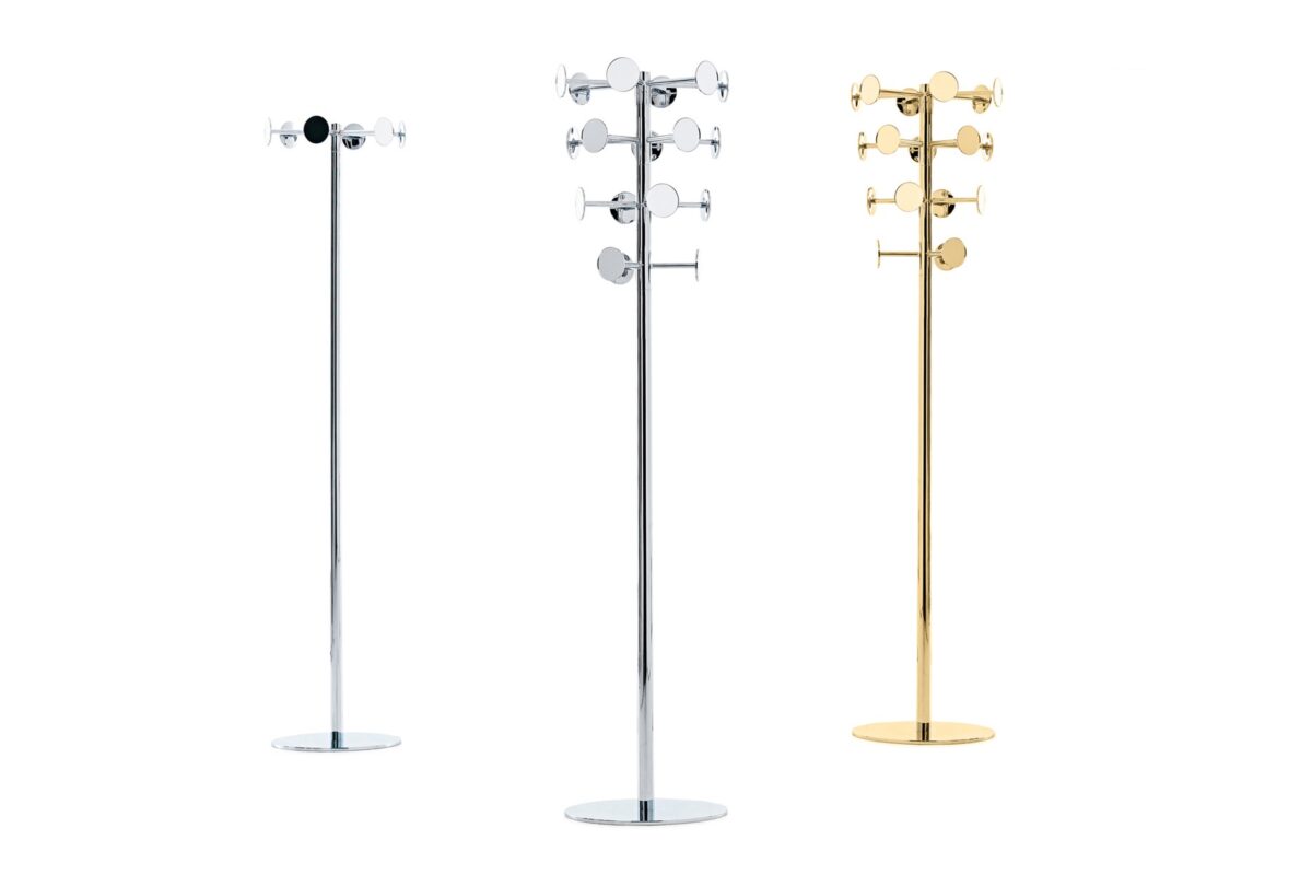 Chaperon by Opinion Ciatti in chrome finish, 18-mirror revolving coat stand, displayed in Royal Oak, Michigan.