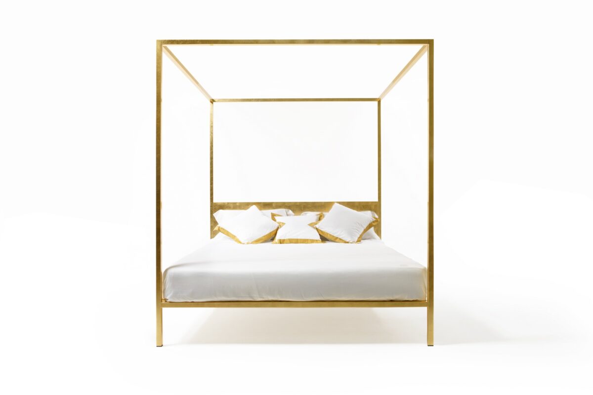 ILletto canopy bed by Opinion Ciatti in gold leaf finish with upholstered headboard, showcased in Royal Oak, Michigan.