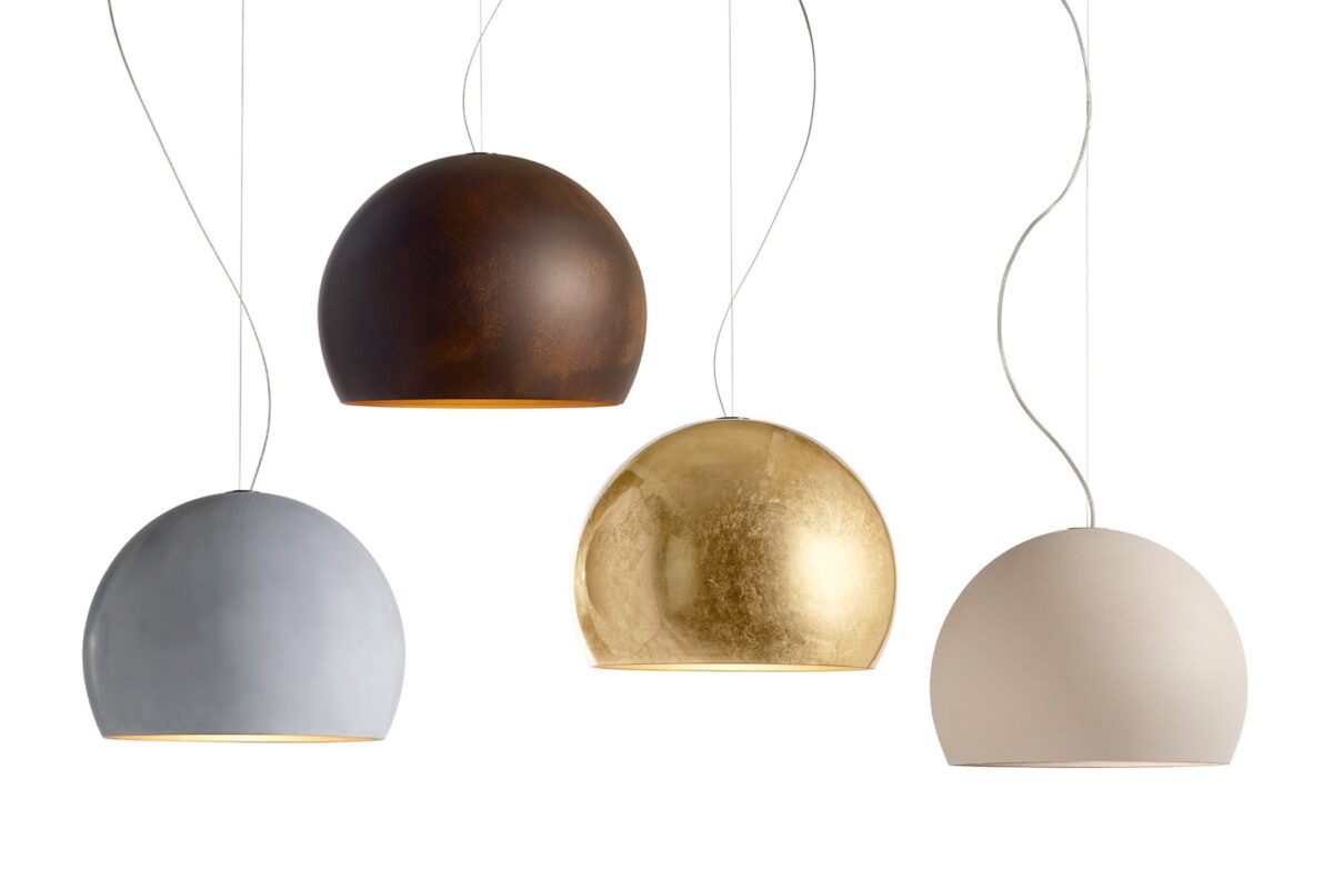 LAlampada Ceiling Lamp by Opinion Ciatti, designed by Lapo Ciatti, featuring a spherical aluminum diffuser with a glossy 24K gold finish, adding a touch of Italian luxury to contemporary interiors in Royal Oak, Michigan.
