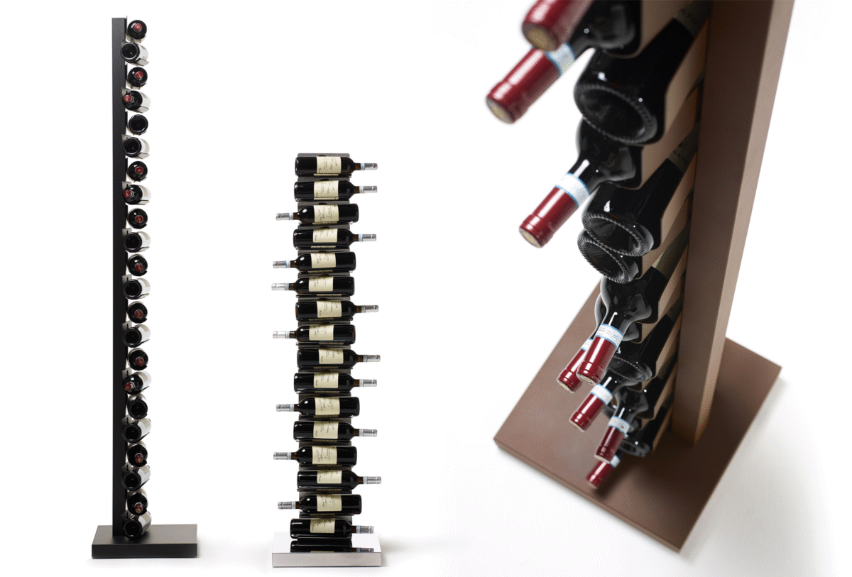 Ptolomeo Vino vertical wine rack by Opinion Ciatti in matte black steel, featuring a minimalist design that makes wine bottles appear to float, displayed in Royal Oak, Michigan showroom.