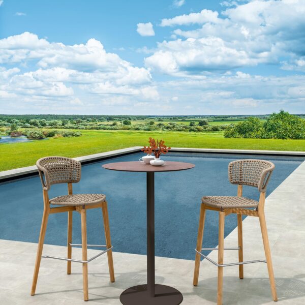 Modern Moon//Teak Bar Stool by Talentispa Italian teak design in Royal Oak Michigan showroom