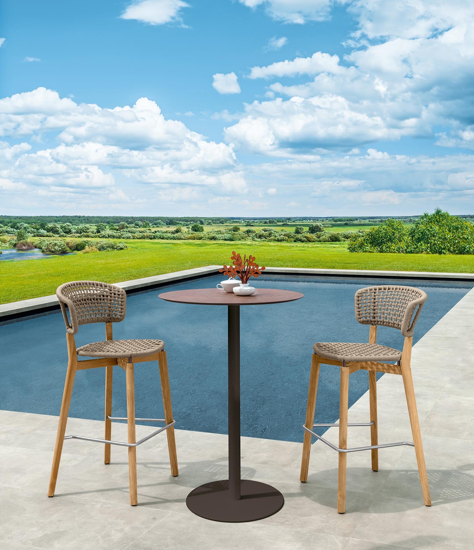 Modern Moon//Teak Bar Stool by Talentispa Italian teak design in Royal Oak Michigan showroom