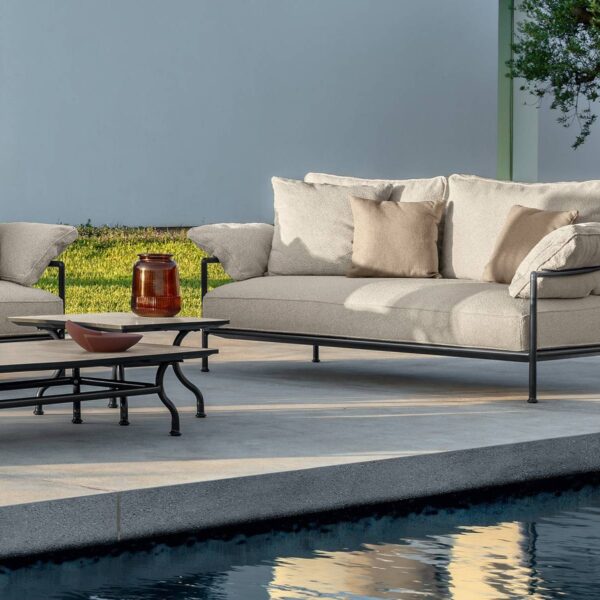 Capri Sofa 2 Seater by Talenti, designed by Ludovica and Roberto Palomba, featuring a sleek aluminum frame and neutral fabric cushions.
