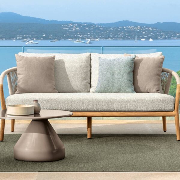 Parker Sofa by Talenti, featuring a teak wood frame and curved armrests for a modern and elegant design.
