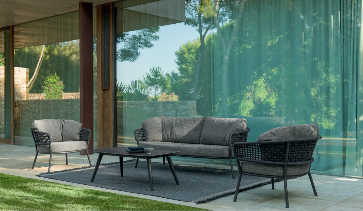 Moon//Alu Two-seater Sofa by Talenti, featuring a durable aluminum frame with elegant synthetic rope weaving for a modern outdoor design.