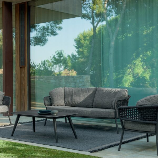 Moon//Alu Two-seater Sofa by Talenti, featuring a durable aluminum frame with elegant synthetic rope weaving for a modern outdoor design.