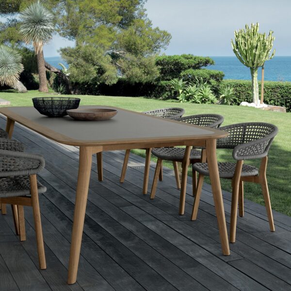 Modern Moon//Teak Dining Armchair by Talentispa Italian teak design in Royal Oak Michigan showroom