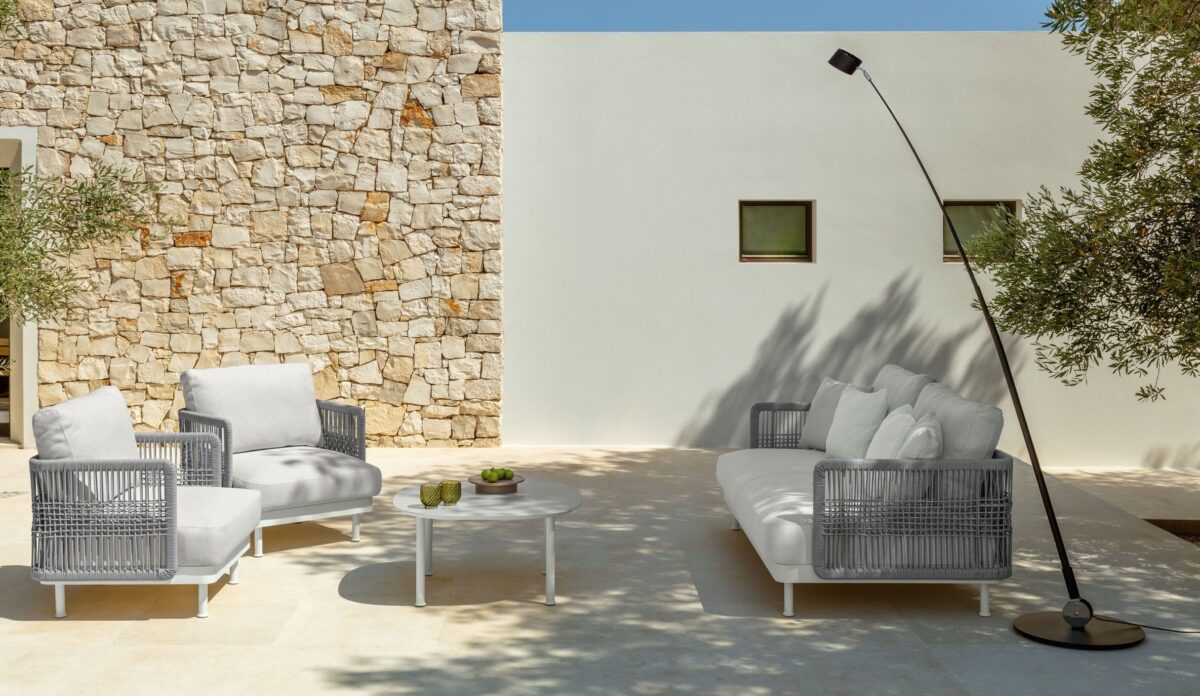 Slam//Rope Sofa by Talenti, offering comfort and style with weather-resistant cushions and quick-dry foam padding for outdoor use.