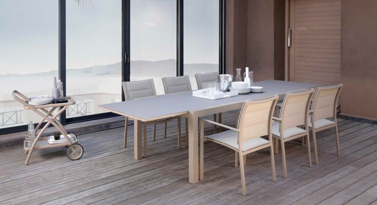 Comfort-focused Talenti Touch Armchair with soft fabric and aluminum structure for luxury terraces