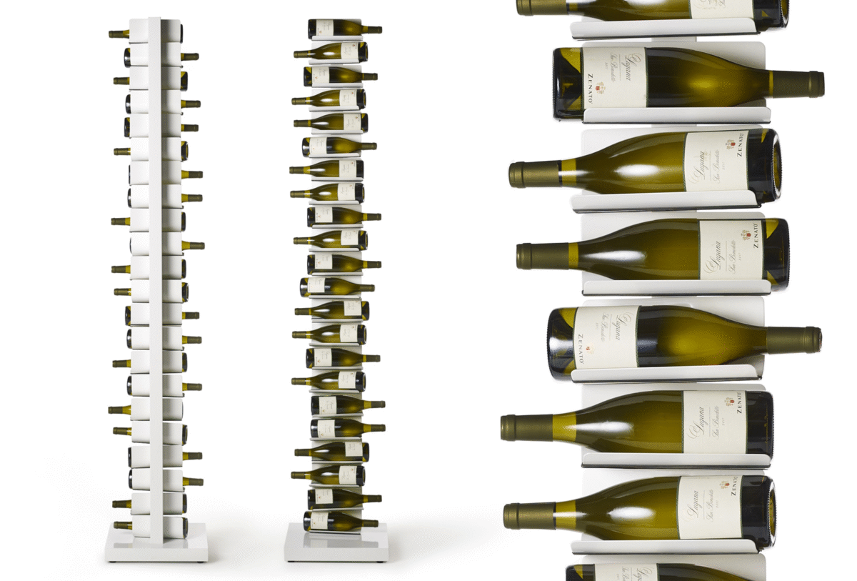 Ptolomeo Vino vertical wine rack by Opinion Ciatti in matte black steel, featuring a minimalist design that makes wine bottles appear to float, displayed in Royal Oak, Michigan showroom.