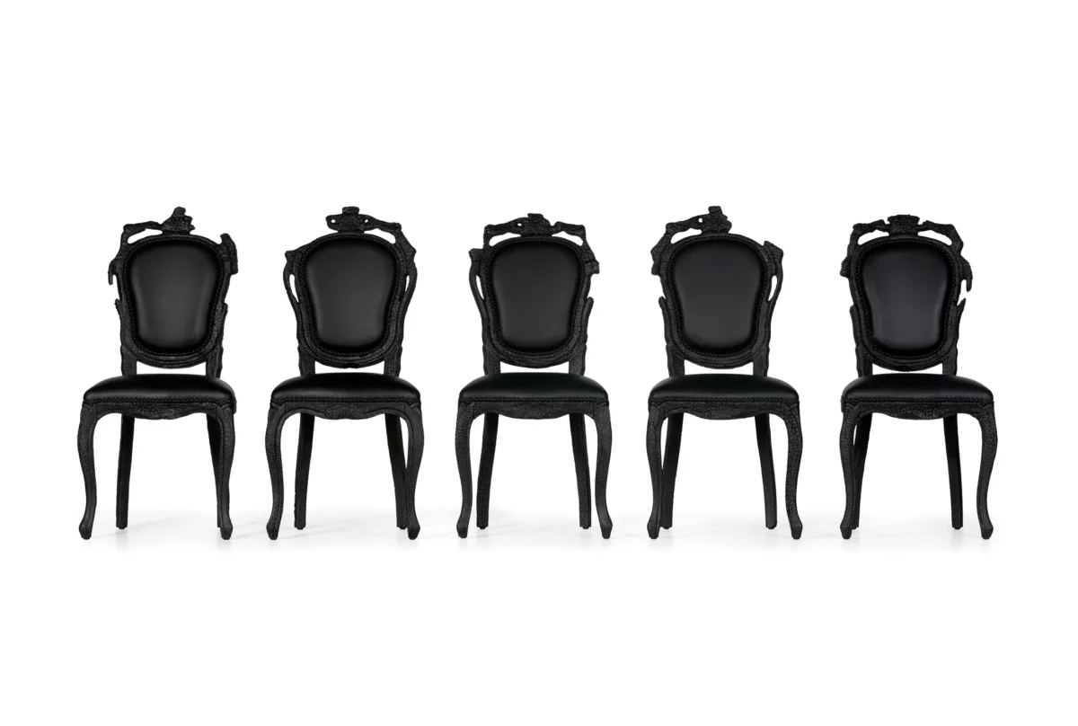 Smoke Dining Chair by Moooi, priced from €2,346 for the version without arms, reflecting its artisanal craftsmanship.