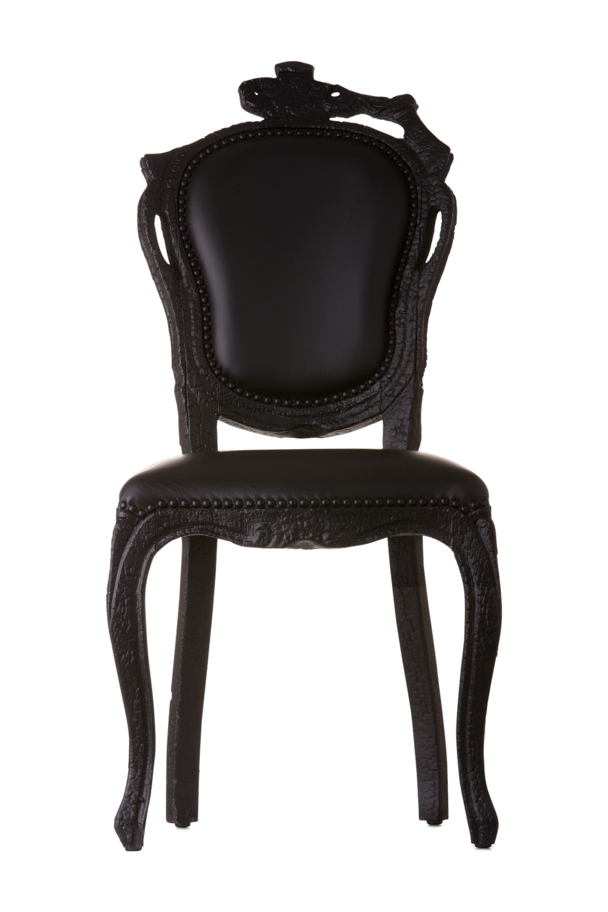 Smoke Dining Chair by Moooi, designed by Maarten Baas, featuring a burnt wood frame and epoxy resin finish.