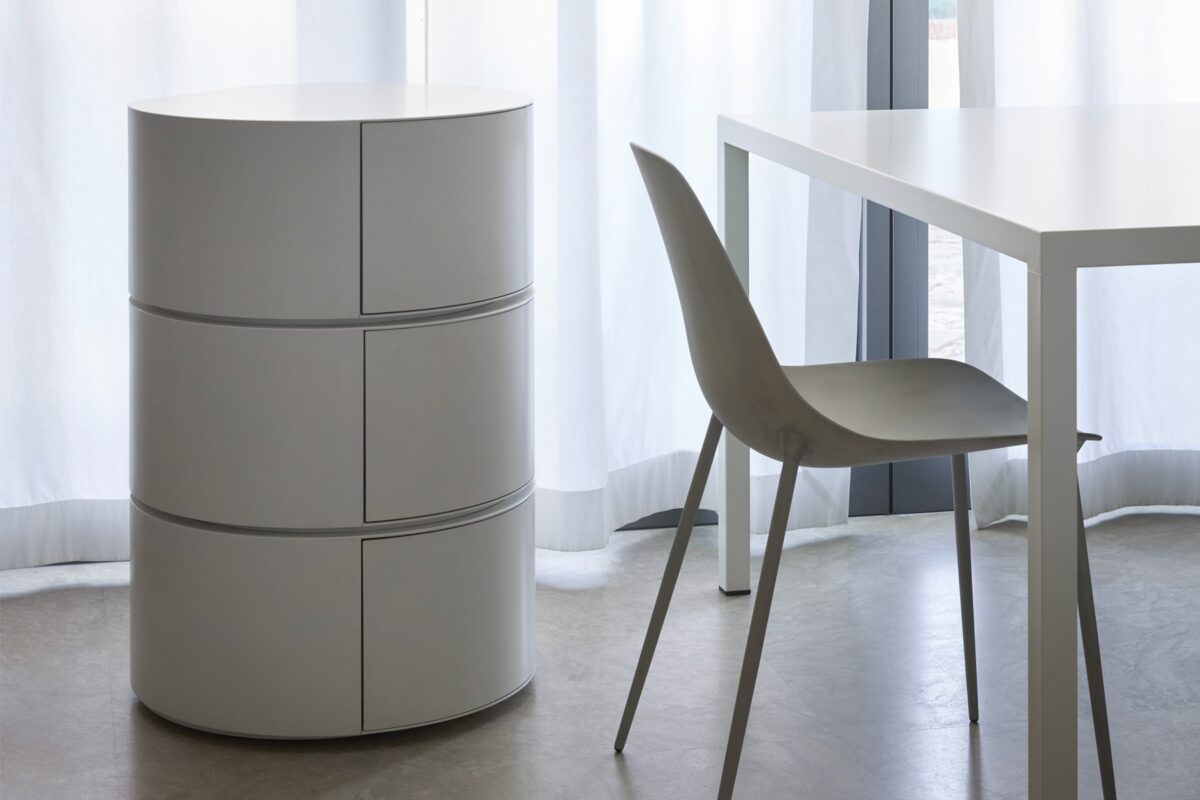 Bon.Bon modular container by Opinion Ciatti in white lacquered metal, featuring a push-to-open drawer and stackable design, displayed in Royal Oak, Michigan showroom.