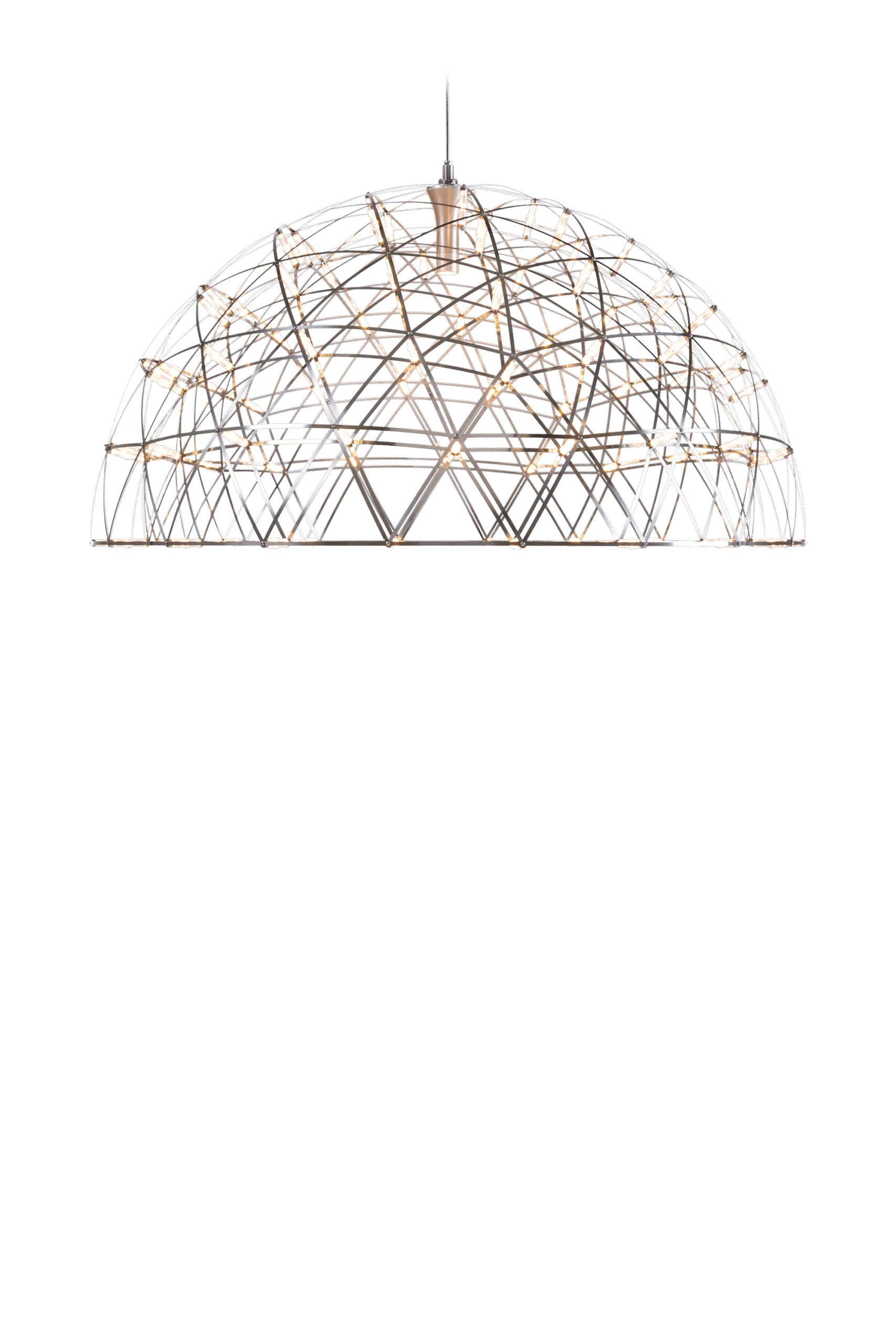 Raimond II Dome by Moooi, a pendant light with a geodesic steel frame and integrated LED lights.