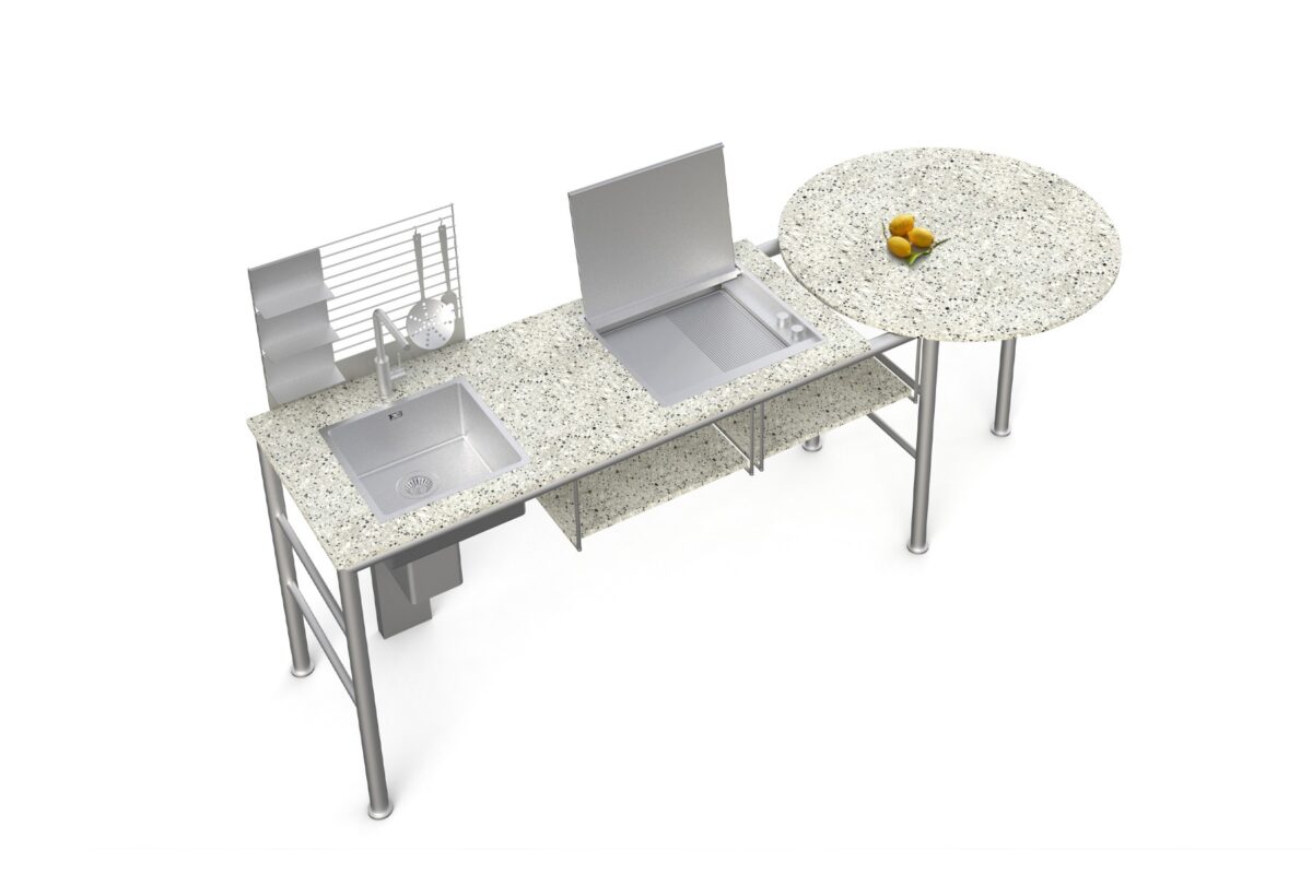 Axis modular kitchen by Opinion Ciatti in satin stainless steel with Corkcrete finish, featuring eco-friendly surfaces and adjustable components, showcased in Royal Oak, Michigan.