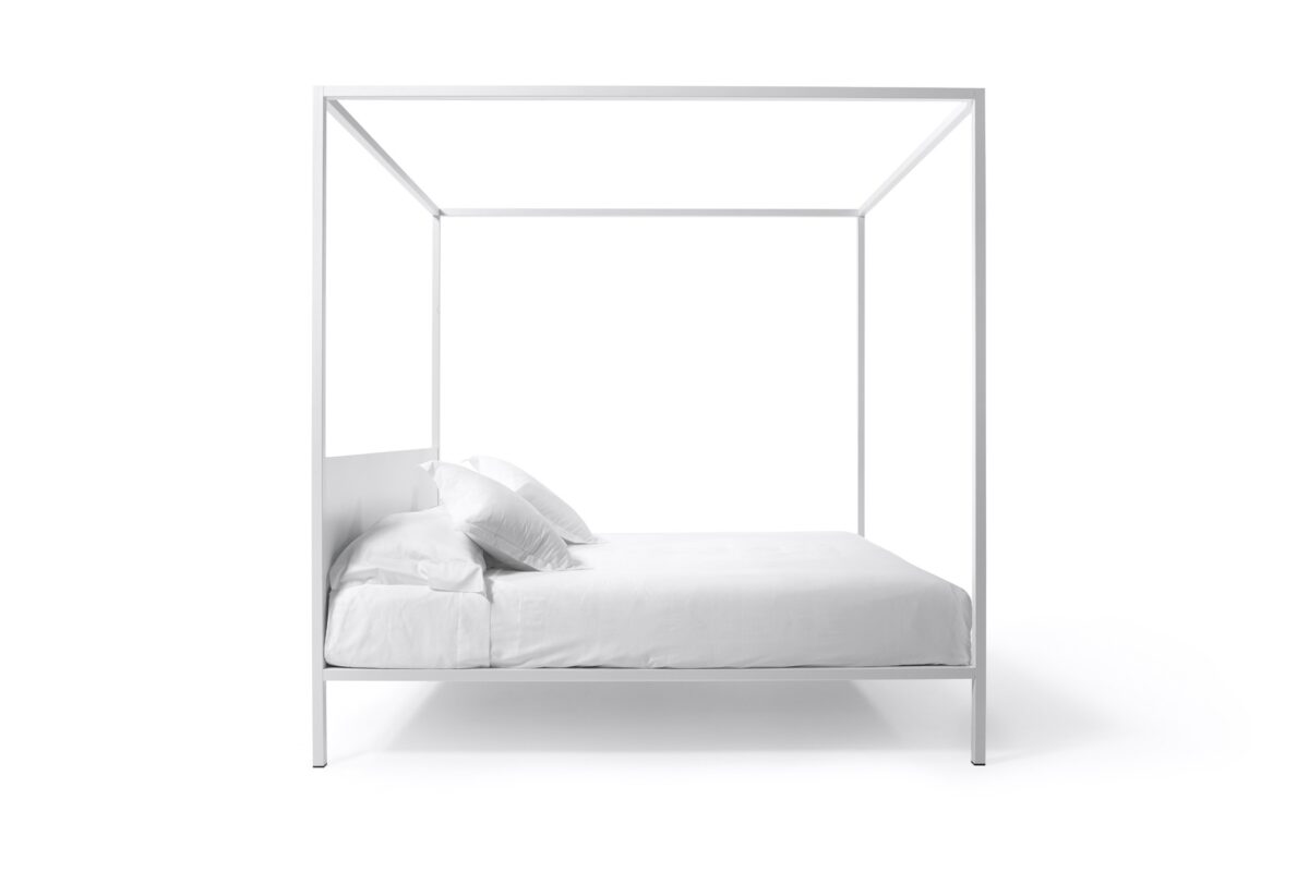 ILletto canopy bed by Opinion Ciatti in gold leaf finish with upholstered headboard, showcased in Royal Oak, Michigan.