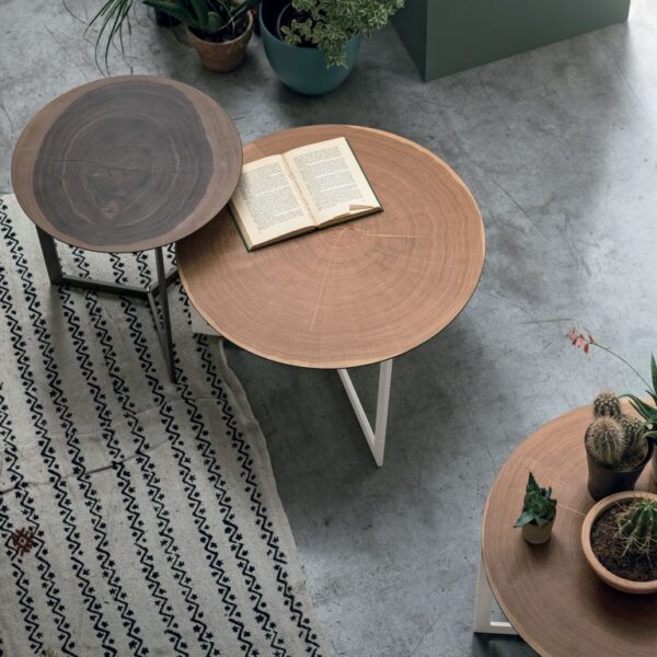 “Joy Wood coffee table by Tomasella – modern Italian low table with natural wood top and minimalist metal base”