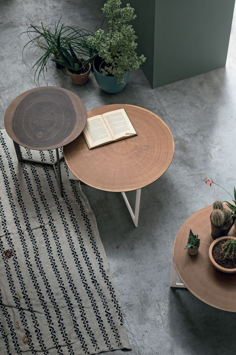 “Joy Wood coffee table by Tomasella – modern Italian low table with natural wood top and minimalist metal base”