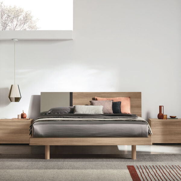 “Ken bed by Tomasella – modern Italian bed with tall upholstered headboard, horizontal stitching, and minimalist frame”