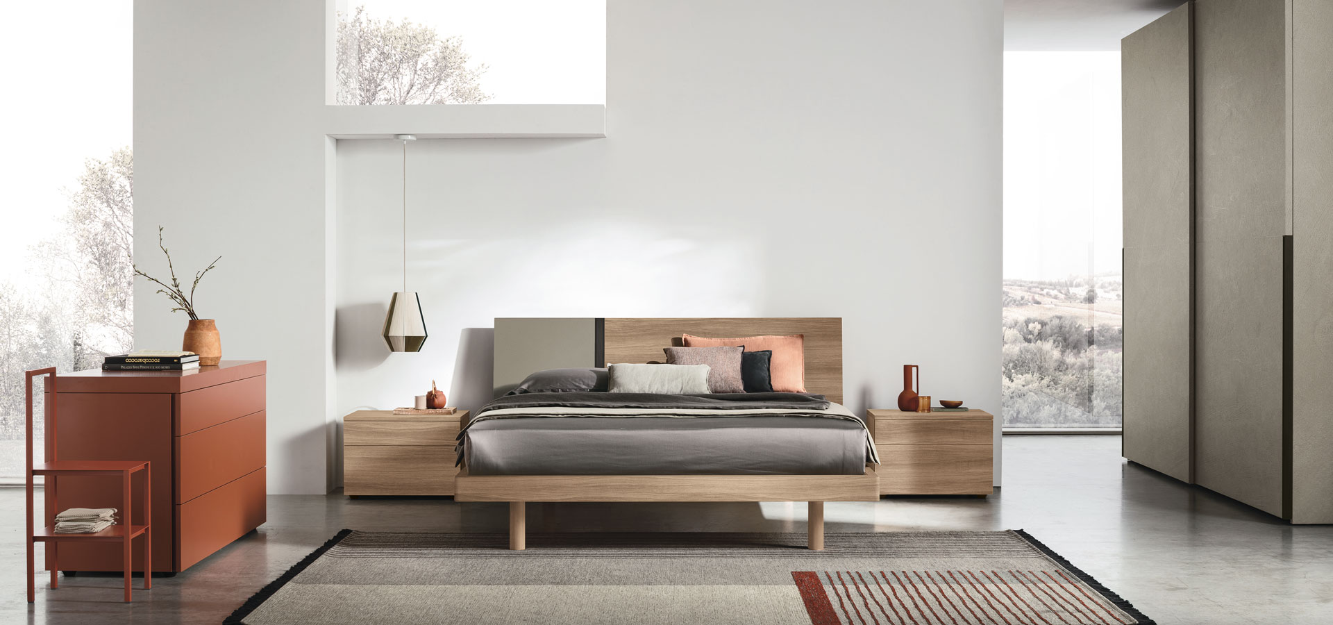 “Ken bed by Tomasella – modern Italian bed with tall upholstered headboard, horizontal stitching, and minimalist frame”