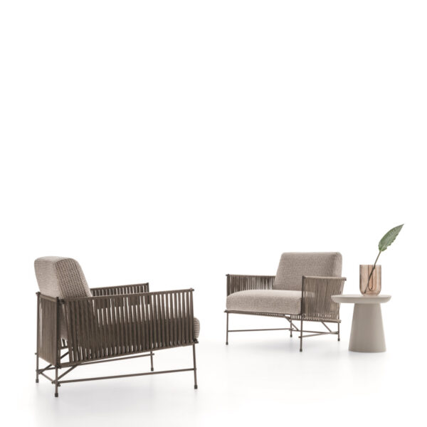 “Kyo Outdoor armchair by Ditre Italia – modern Italian lounge chair with curved structure and weather-resistant cushions”